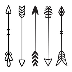 Black hand drawn doodles arrows. Set of hipster ethnic tribal vector elements. For print, poster, greeting card