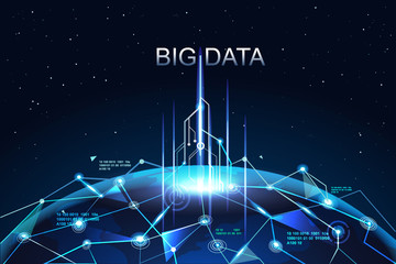 Big data connectivity with globe illustration infographic. digital light and flare.