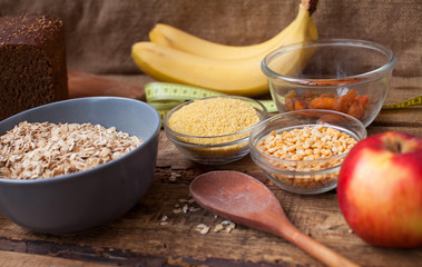 Dried apricots on rustic wooden background.  Fresh fruits. Healthy breakfast. 