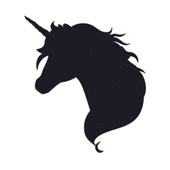 Unicorn head silhouette . Vector hand drawn illustration for print, banner, poster.