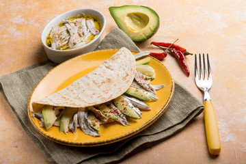 piadina with avocados marinated anchovies and hot chili pepper
