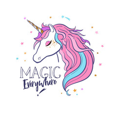 Unicorn head silhouette . Vector hand drawn Inspirational illustration for print, banner, poster. Magic everywhere