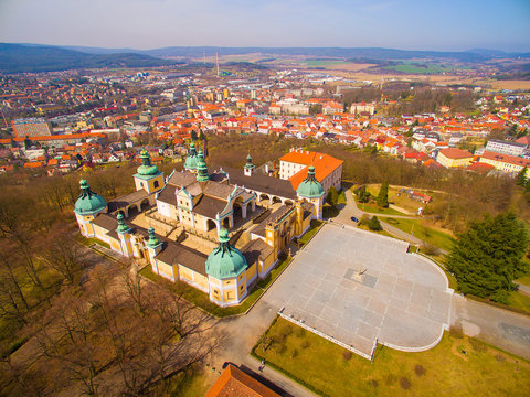 Aerial view to Svata Hora (Holy Mountain). It is the oldest and most important Marian place of pilgrimage in the Central Europe. Early Renaissance Landmark near Pribram in Czech Republic.