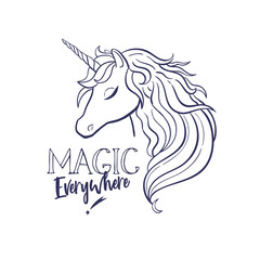 Unicorn head silhouette . Vector hand drawn Inspirational illustration for print, banner, poster. Magic everywhere