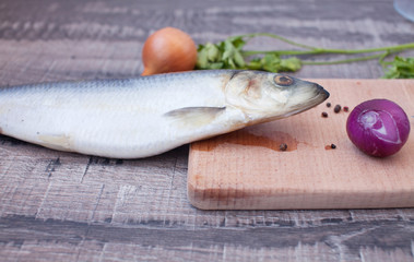Fresh fish. Mackerel with salt, lemon and spices on gray background. Cooking fish with herbs. Top view