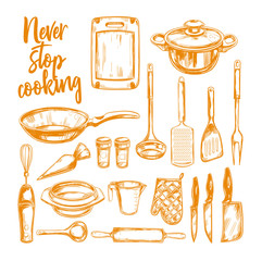 Never stop Cooking. Cooking classes and Kitchen utensil set. Vector hand drawn isolated objects. Icons in sketch style