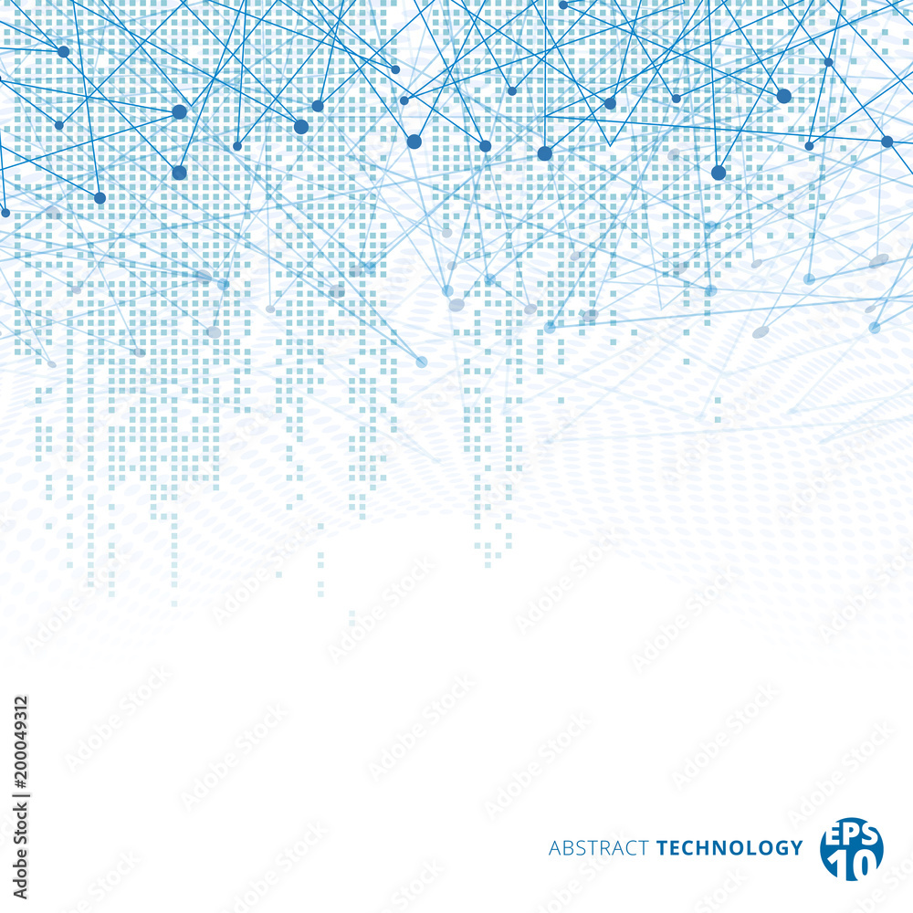 Poster abstract technology digital data square blue pattern pixel with lines connect dots on white color ba