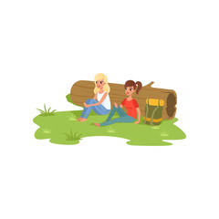 Two girls sitting near the log, traveling, camping and relaxing concept, summer vacations vector Illustration on a white background
