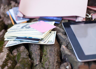 Stack of credit american dollars cash and credit card