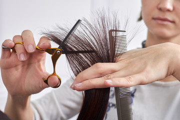 Close-up of a hair stylist cutting the hair of a woman.