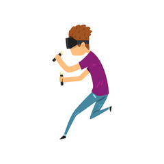 Young man cartoon character in virtual reality headset holding controllers and running, full virtual reality concept vector Illustration on a white background
