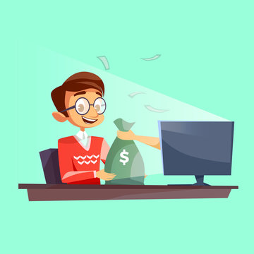 Teenager winning money in internet vector cartoon flat illustration. Young boy happy receiving dollars money bag from internet online casino lucky win fortune or giving money to rogue thief hand
