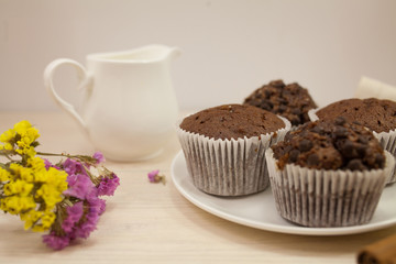 Chocolate muffins with crispy top (selective focus)
