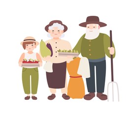 Couple of elderly farmers and their grandchild holding ripe gathered vegetables. Grandparents and grandson carry harvest. Flat cartoon characters isolated on white background. Vector illustration.