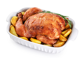Baked chicken with fried potatoes on a white background.