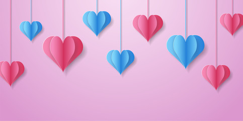 Fototapeta na wymiar Happy Valentine's Day design for greeting card. Can be used on banners or web. 3D paper style. Heart hanging on a thread, inscription: Happy Valentines Day, pink background. Vector illustration.