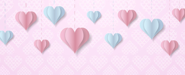 Happy Valentine's Day design for greeting card. Can be used on banners or web. 3D paper style. Heart hanging on a thread, inscription: Happy Valentines Day, pink background. Vector illustration.