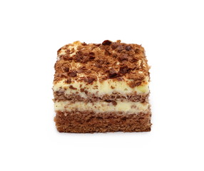 Chocolate and vanilla cake, pastry slice isolated on white background