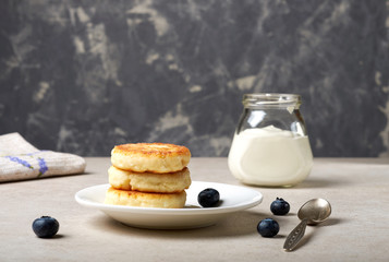 Breakfast pancakes, cooking, fruits, blueberries, strawberries, sour cream, sugar, cottage cheese, flour, eggs, banana, chocolate