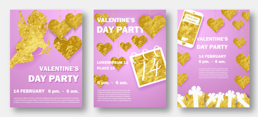 Happy valentine's day set. Gold vip design for greeting card. Luxsury style. Can be used on banners web. Heart hanging on a thread, inscription: Happy Valentines Day, background. Vector illustration.