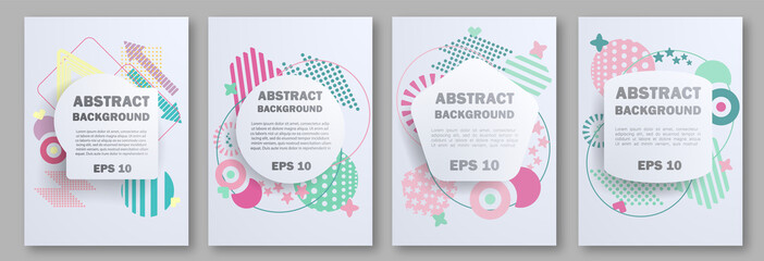 Geometric abstract pattern set with sharp forms, colors: triangles, circles, points, modern elements. Can be used on flyers, web, geometric design, cover. Vector geometric abstract illustration.