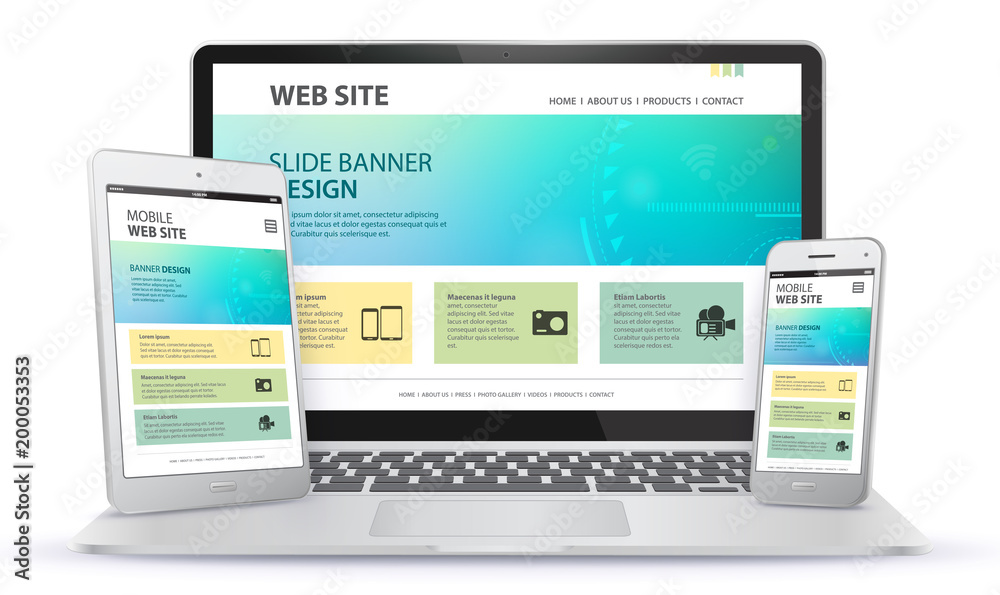 Poster responsive web site design with laptop, tablet computer and mobile phone screen