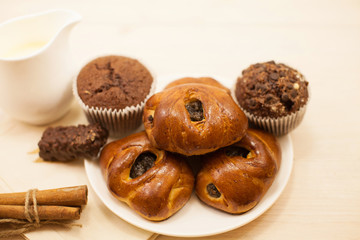 Homemade roll with poppy seeds with milk. Selective focus. Tasty concept. 