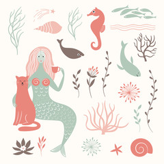 Graphic set, mermaid, cat, sea life elements