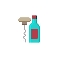 Corkscrew and bottle of wine flat icon, vector sign, colorful pictogram isolated on white. Bottle opener symbol, logo illustration. Flat style design