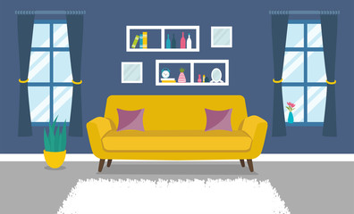 Modern design Living room interior. Design of room with a sofa,  window and decor accessories. 