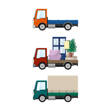 Set of Cargo Trucks Isolated, Orange Lorry without Load, Car with Furniture, Green Small Closed Truck, Transport and Logistics, Delivery Services, Vector Illustration