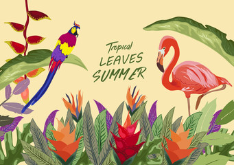Naklejka premium Tropical island. Tropical jungle rainforest plants flowers birds, flamingo , toucan border background