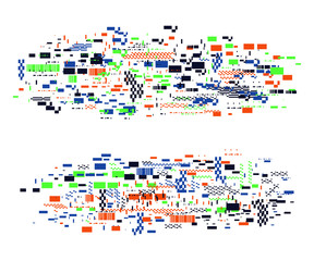     Glitch distorted elements. Сolorful abstract design with pixel noise. Trendy cover background for posters, banners, flyers, placards, brochures. Vector illustration 
