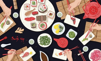 Horizontal banner with people sitting at table full of Japanese meals at Asian restaurant and eating sushi, sashimi and rolls with chopsticks, top view. Colorful realistic vector illustration. © Good Studio