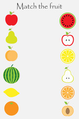 Match the fruit (apple, orange, pear, watermelon, lemon, peach) in cartoon style for children, preschool worksheet activity for kids, task for the development of logical thinking, vector illustration