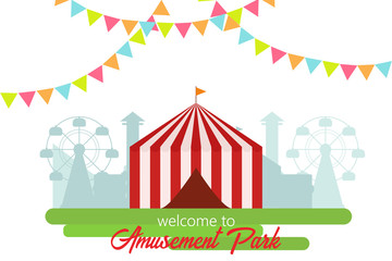 Welcome to amusement park. Amusement park landscape in flat style. Vector illustration. Vector concept for web, apps