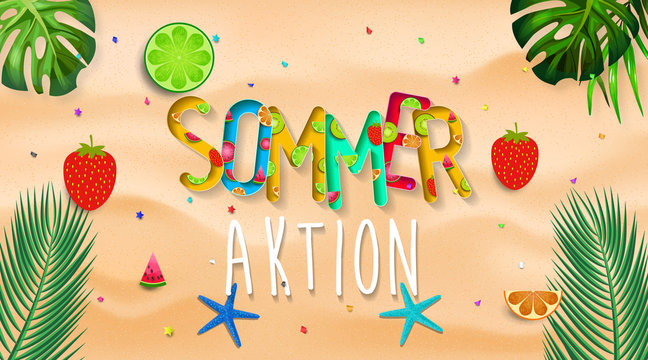 Sommeraktion. Summer design vector banner with fruits background and exotic palm leaves, hibiscus flowers.