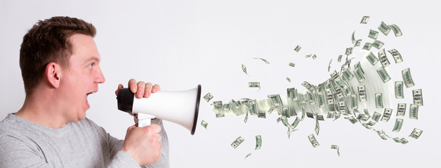 man yelling into a megaphone with money coming out of it, speaking money to the side