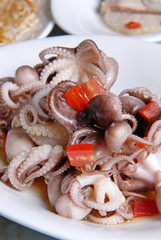 Boiled octopus in sesame oil  on a white plate