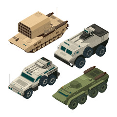 Obraz premium Isometric pictures of army heavy vehicles. Vector pictures set
