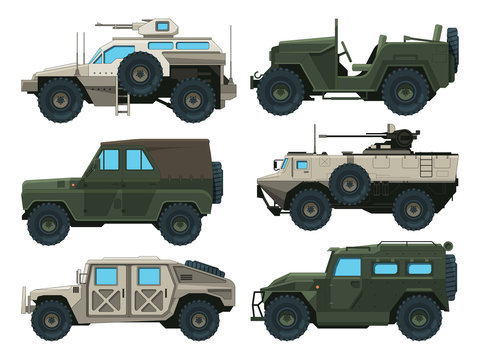 Army vehicles set. Colored vector illustrations