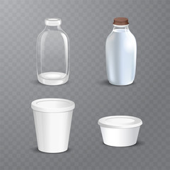 Set of white blank realistic dairy packaging including plastic bottles and carton packets isolated vector illustration