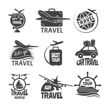 Vector label or logos forma travelling theme. Monochrome pictures of airplanes