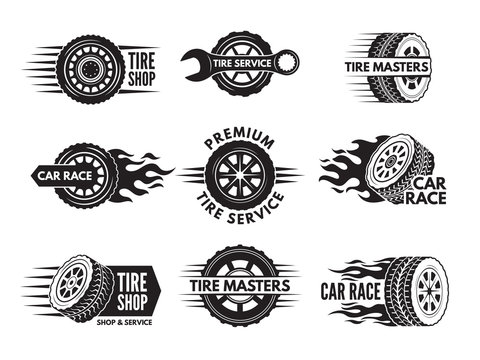 Race logos with pictures of different cars wheels
