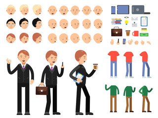 Fototapeta na wymiar Vector constructor of business characters. Men in costume with different emotions and poses