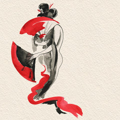 Geisha, Frauen in traditioneller Kleidung. Japanischer Stil, Aquarell-Handmalerei-Illustration © katyau