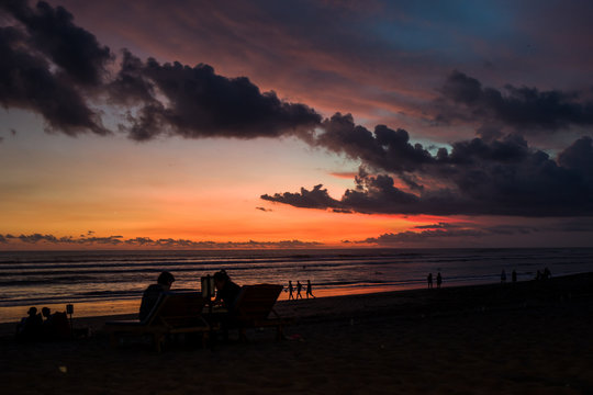 Sunset at Pantai Batu Bolong Beach on Bali, Indonesia.