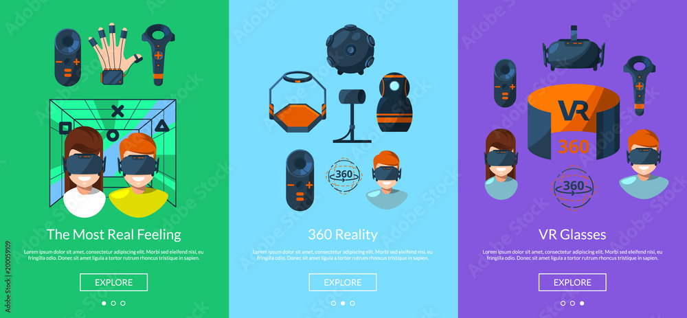 Poster vector horizontal slideshow template for tablet or website with flat style virtual reality elements