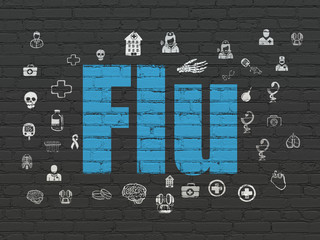 Medicine concept: Painted blue text Flu on Black Brick wall background with  Hand Drawn Medicine Icons