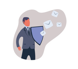 Spam filter, male shield off unwanted advertising messages. Concept vector illustration in abstract flat style, isolated on white background.